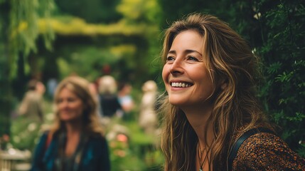 Fototapeta premium Woman smiles in garden setting