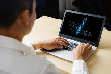 Medical science technology and futuristic healthcare virtual computer software analyze human health...