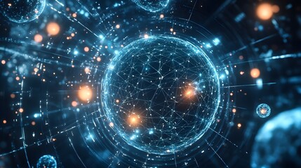 Obraz premium Cosmic Web: Abstract, high-tech image of a network of interconnected points forming a three-dimensional sphere, evoking the concept of interconnectedness and the digital world.