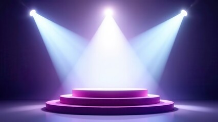 Purple spotlights shine from both sides on a white background with a podium and stairs. Disco projector light concert or show stage. Magic beam glow