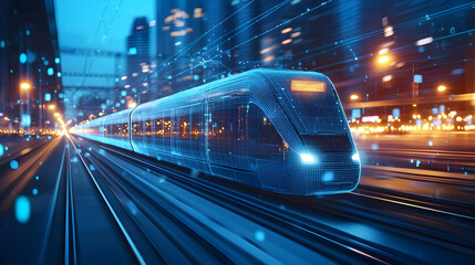 Fototapeta premium Futuristic Train Moving Through A Night City