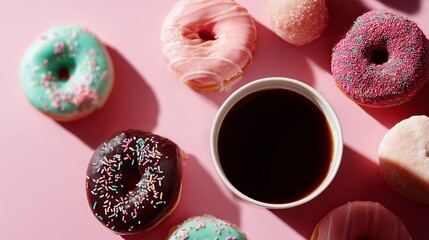 Assorted donuts with sprinkles and a cup of coffee on a pink background create a vibrant breakfast scene.