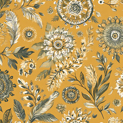 Mustard Yellow Floral Watercolor Seamless Pattern Design