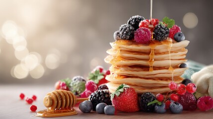 Stack of delicious pancakes drizzled with syrup and topped with fresh mixed berries.