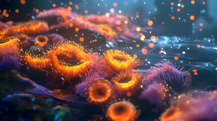 Obraz premium Submerged Luminescence: A captivating underwater landscape teeming with bioluminescent coral, radiating ethereal glows of pink and orange.