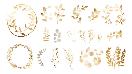 Elegant gold botanical illustrations featuring leaves, branches, and floral designs on a white background.