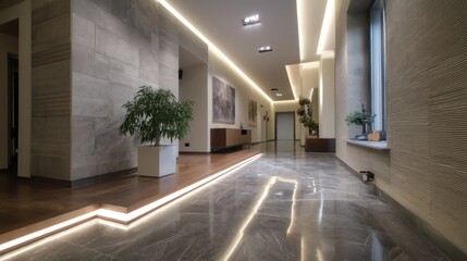 Modern hallway with light strip running along floor edge 