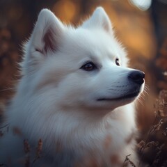 Cute fluffy dog enjoys a peaceful moment in a beautiful autumn forest setting with warm light and soft grass Generative AI