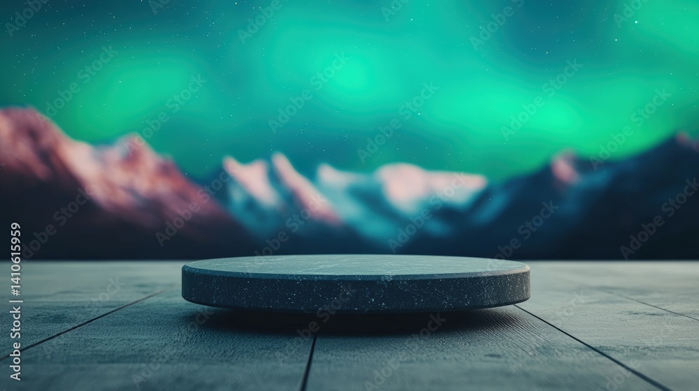Poster Empty stone podium displaying products with aurora borealis backdrop