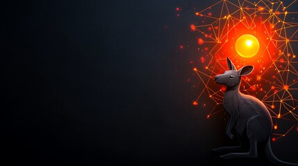Fototapeta premium A stylized kangaroo against a dark background with geometric patterns and a glowing sun