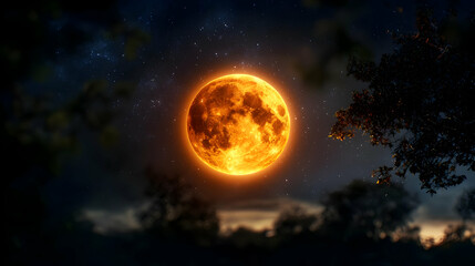 Fiery Orange Moon In Dark Night Sky