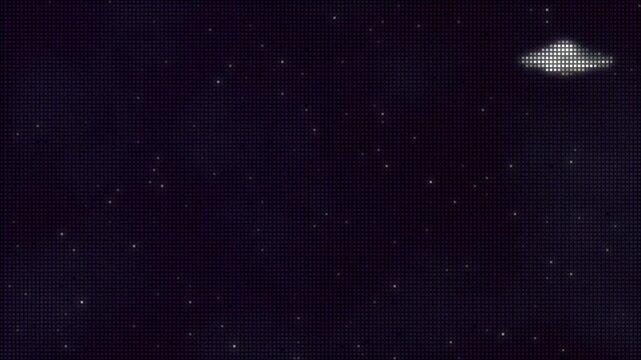 Computer game shooting exploding spaceships. Old vintage style pixelated computer game screen background. UFO spacecraft being shot down with energy blasts. Exploding alien fighters. 2d/3d animation