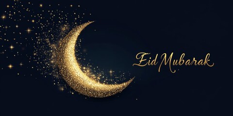 Fototapeta premium Golden Sparkling Crescent Moon with Eid Mubarak Text on Elegant Night-Themed Festive Background