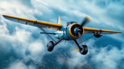 A vibrant blue and yellow biplane flying above the clouds, showcasing classic aviation design and a sense of freedom in the open skies, perfect for travel and adventure themes.