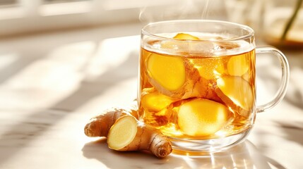 A tantalizing display of steaming ginger tea adorned with fresh ginger roots beside it, promoting a feeling of warmth and comfort in a cozy setting.