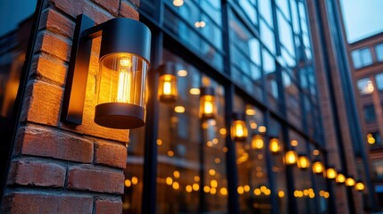 A stunning showcase of exterior lighting against a backdrop of glass and brick, highlighting the beauty and sophistication of contemporary urban architecture.