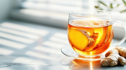 Aesthetic presentation of aromatic ginger tea with lemon slices, radiating comfort and tranquility, perfect for inviting guests to indulge in a cozy experience.