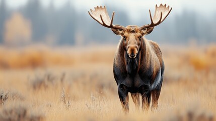 Fototapeta premium An impressive moose stands confidently in a serene wilderness setting, capturing the essence of untamed nature, with a backdrop of gentle autumn tones and soft foliage.
