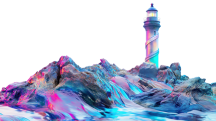 Glossy Iridescent Lighthouse Standing Tall on Rocky Shore Isolated on Clean White Background – Modern Nautical Structure for Coastal Themes, Maritime Art, and Fantasy Design Concepts