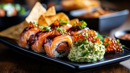 An appetizing sushi platter featuring delicious rolls topped with savory ingredients, complemented by guacamole and tortilla chips, enticing food lovers to indulge.