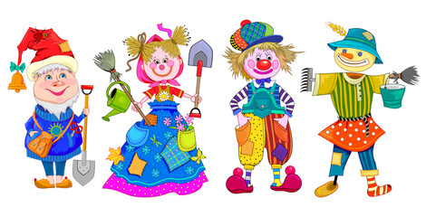 Set of cute toy garden scarecrows. Illustrations of funny puppets. Isolated drawings for children fairy tale book. Hand drawn flat vector image.