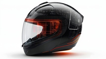 Fototapeta premium Smart Motorcycle Helmet: A sleek, black motorcycle helmet with integrated technology, featuring a futuristic design and subtle orange accents. The helmet's visor is clear.