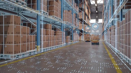 Warehouse Digitization and Digital Automation: AGV robots transporting cardboard boxes in logistics center. Graphic effects visualize optimized warehouse management. 3d rendering animation.