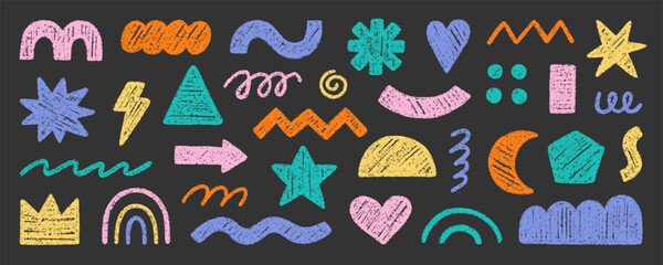 Abstract geometric shapes and forms, chalk pencil doodle set. Crayon modern figures, brush crown, stars, arrow in sketch style. Hand drawn vector illustration isolated on black background