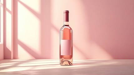 Elegant pink wine bottle in soft lighting.