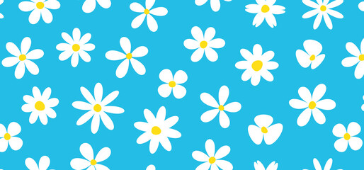 Cartoon flower daisy seamless pattern, spring camomile background, cute baby chamomile print, white and blue color groovy bg, fun plant textile, comic floral pattern. Funky blossom vector illustration