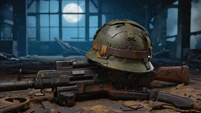 Distressed military helmet rests on a rusted submachine gun inside a dilapidated building with moonlight streaming through broken windows