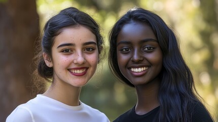 Obraz premium Two young women sharing a warm smile, genuine connection across cultures 