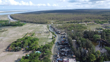 Drone view of hatiya chairman ghat, nijhum dwip, Bangladesh.