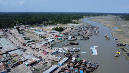 Drone view of hatiya chairman ghat, nijhum dwip, Bangladesh.