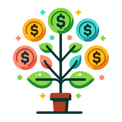 Colorful money tree icon representing financial growth and investment concepts on transparent background