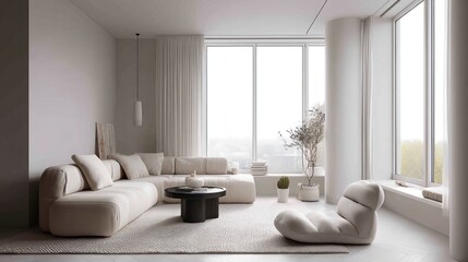 Modern interior with layered textures in a single color tone 