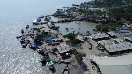 Drone view of hatiya chairman ghat, nijhum dwip, Bangladesh.