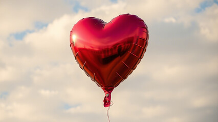 Fototapeta premium Shiny red heart-shaped balloon floating against a cloudy sky for love and celebration themes.This visual evokes themes of love, celebration, and special occasions, making it ideal for events like .