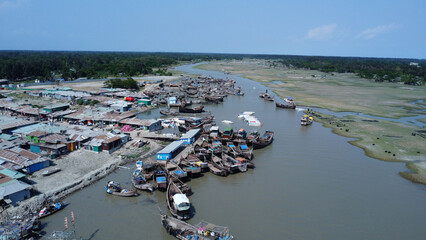 Drone view of hatiya chairman ghat, nijhum dwip, Bangladesh.
