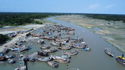 Drone view of hatiya chairman ghat, nijhum dwip, Bangladesh.