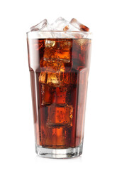 Glass of cola with ice cubes isolated on white