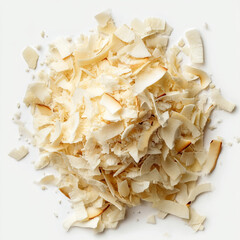 A top-down view of toasted coconut flakes scattered on a clean white backdrop.