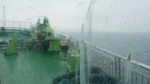 Raindrops rolling down the glass as the ferry glides through the choppy waters, view of the vast ocean under gloomy skies, selective focus. Vaction and travel concept