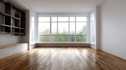Obraz premium Bright, airy room with hardwood floors and large windows overlooking a tree-filled landscape. A built-in shelving unit adds a touch of modern design.