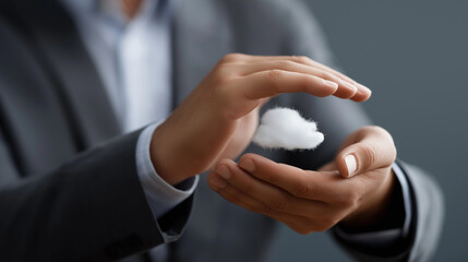 Businessman Protecting Cloud Data with Hands in Suit