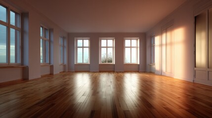 Obraz premium Sunlight streams into a spacious, empty room with hardwood floors and large windows, creating a warm and inviting atmosphere.