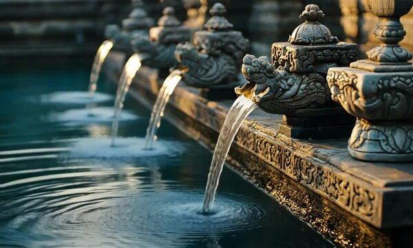 Close-up of the holy water spouts at Tirta Empul Temple, with water flowing into the stone pool, intricate carvings around the spouts, and reflection of the temple architecture in the water