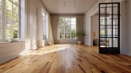 Sunlit spacious room with hardwood floors, large windows, and beige curtains.  A room divider adds a touch of modern design.