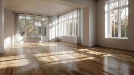 Obraz premium Sunlight streams through large windows into a bright, airy room with hardwood floors and sheer curtains. The warm, inviting atmosphere is perfect for relaxation or entertaining.