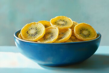 Thin dried slices of yellow kiwi in a blue bowl